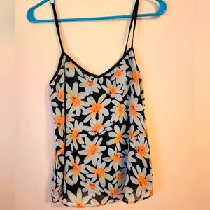 4/$20 Sans Souci Boho Chic Neon Orange Daisy on Black Top, Flowy, Festival, XS